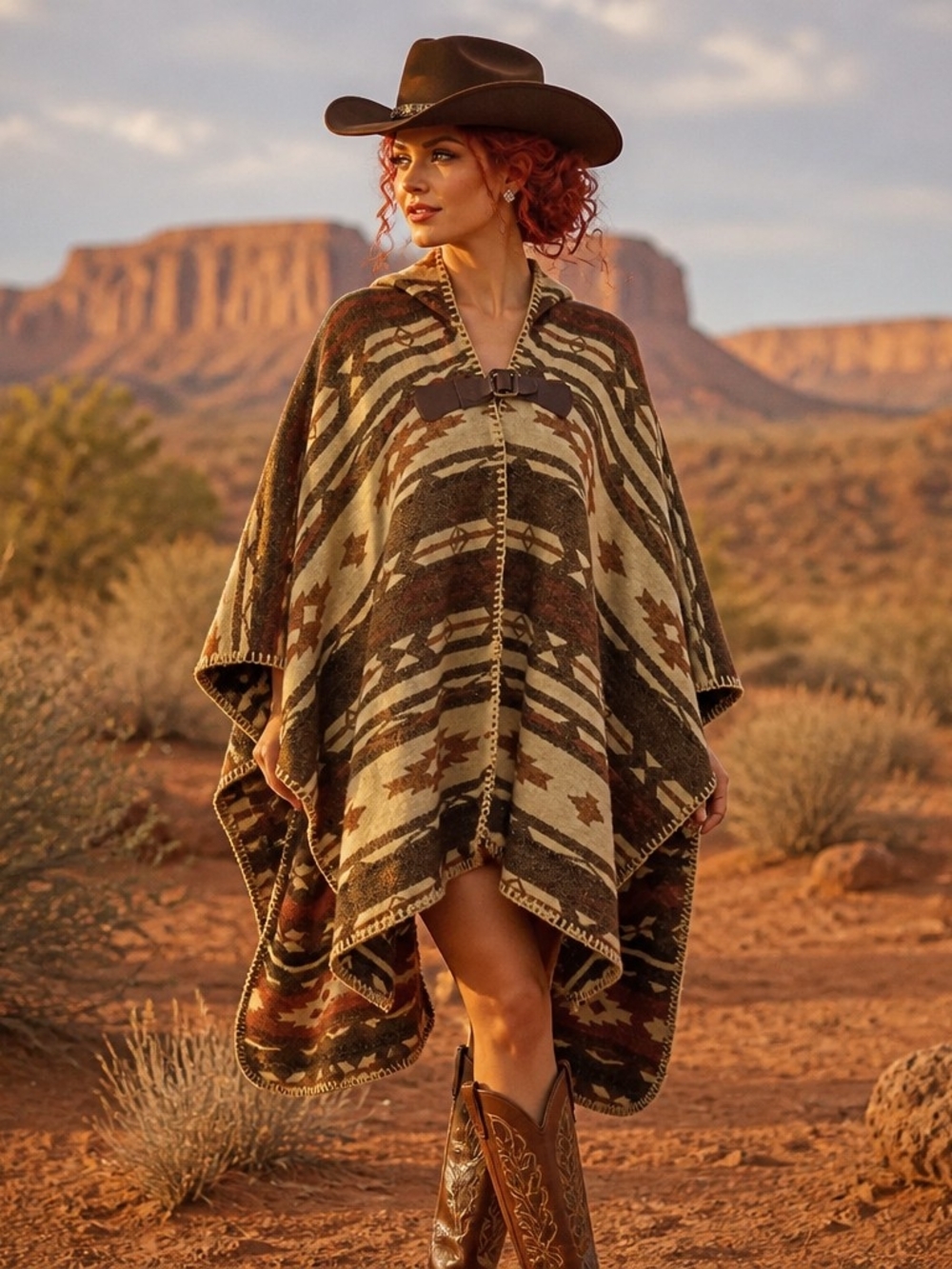 Western Aztec Hooded Poncho Sweater - Brown & Cream
